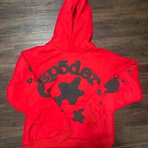 Red Sp5der Hoodie with Black Star Print